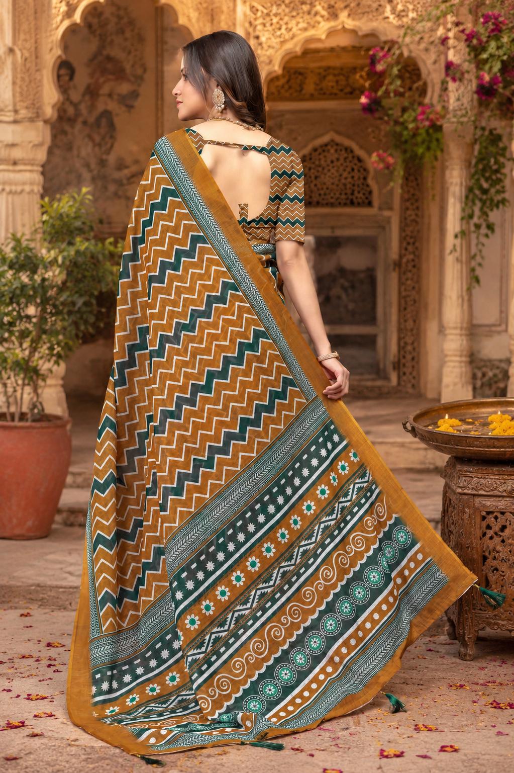 Linen Printed Saree With Unstitched Blouse(mustard) image 3