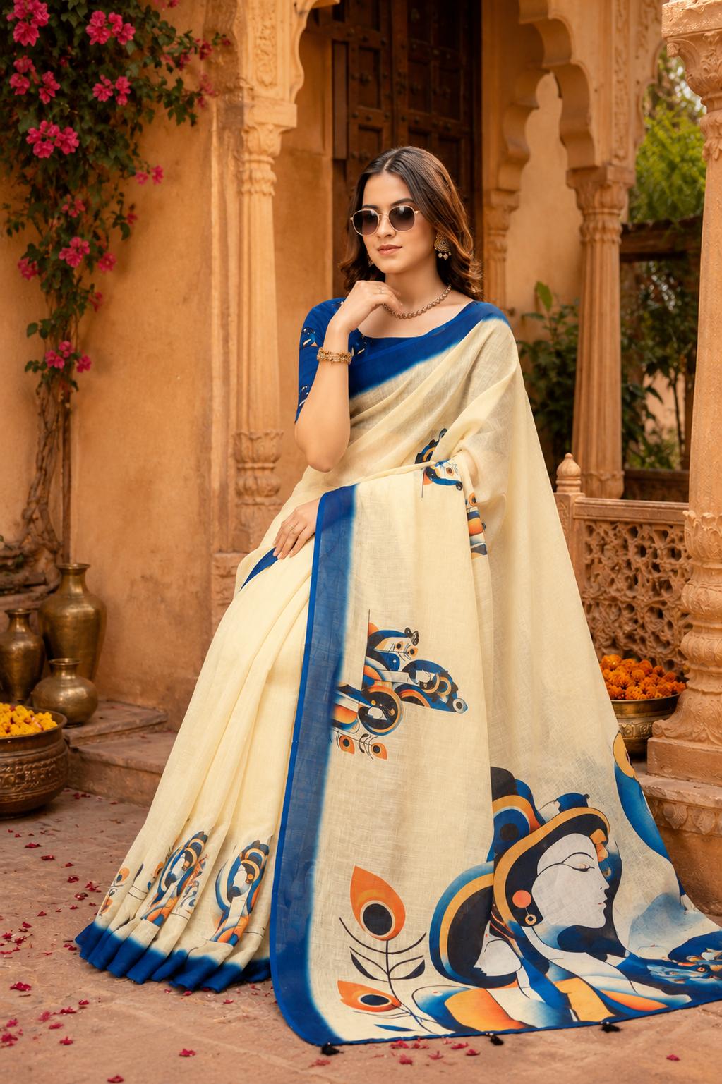 Linen Printed Saree With Unstitched Blouse(beige) image 3
