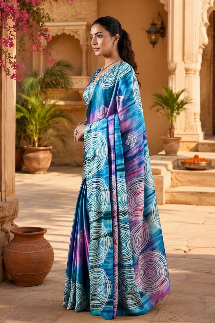 Satin Silk Ajrakh Printed Saree With Unstitched Blouse(skyblue) image 3