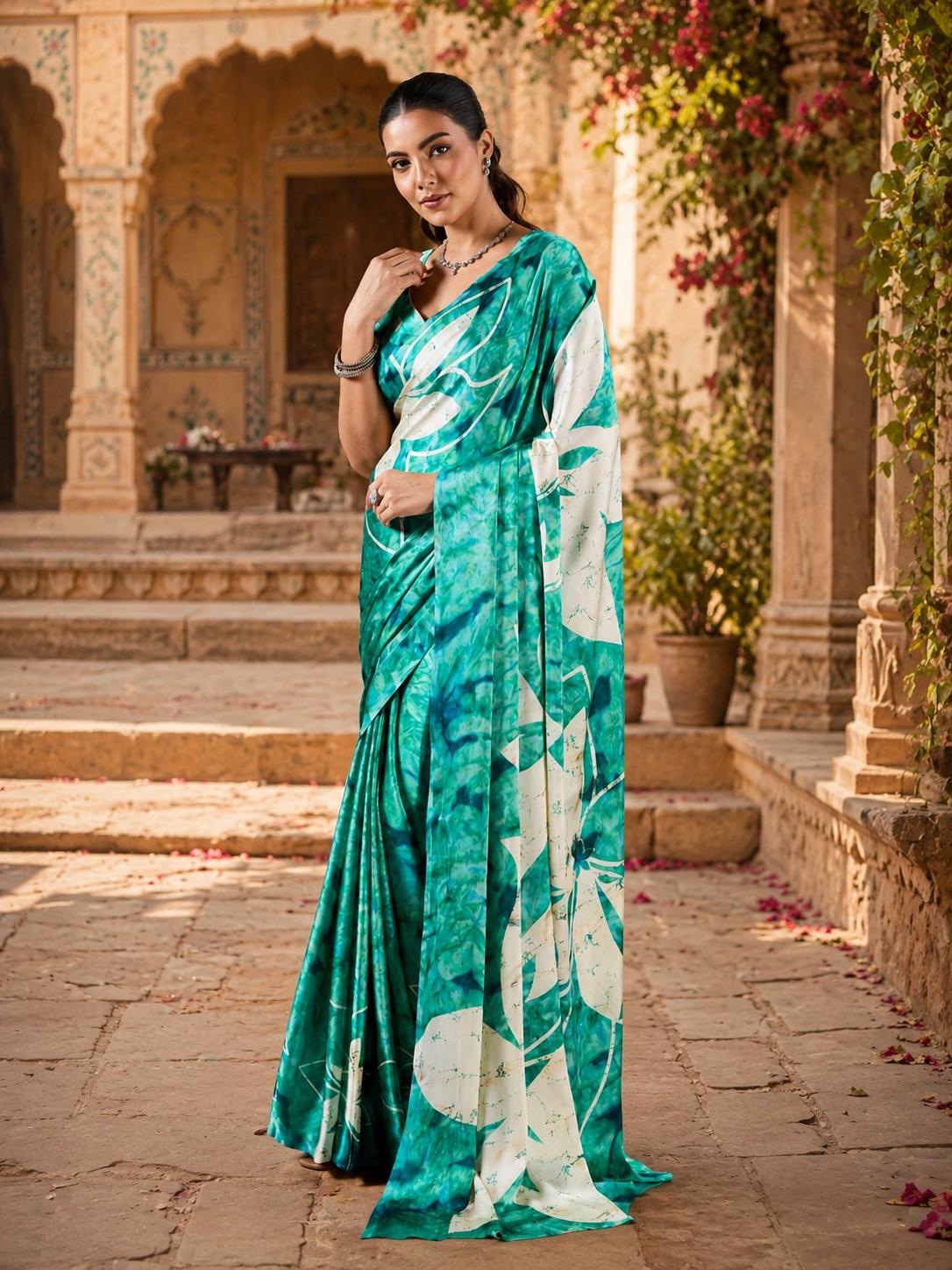 Satin Silk Ajrakh Printed Saree With Unstitched Blouse(green) image 3