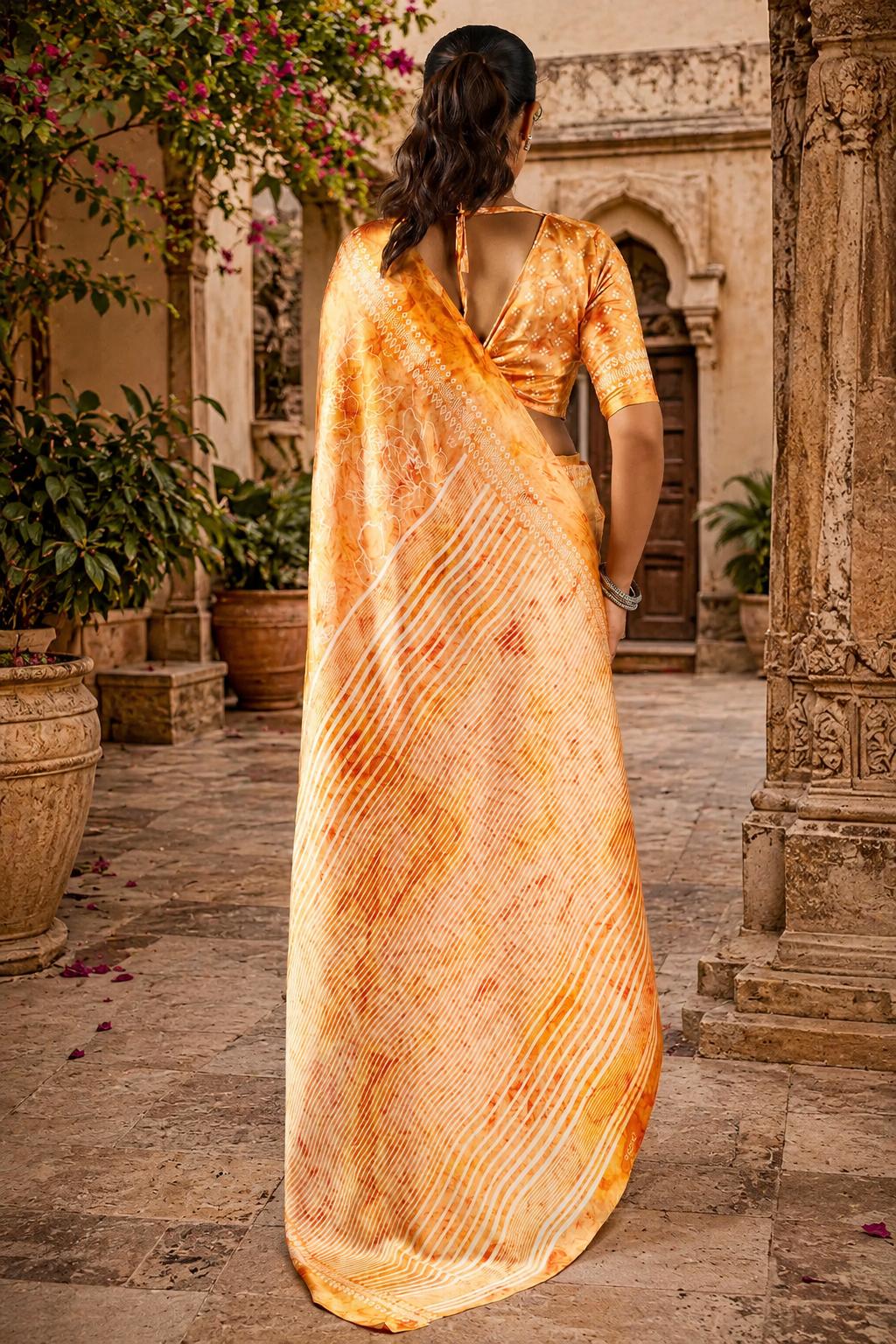 Satin Silk Ajrakh Printed Saree With Unstitched Blouse(mustard) image 3