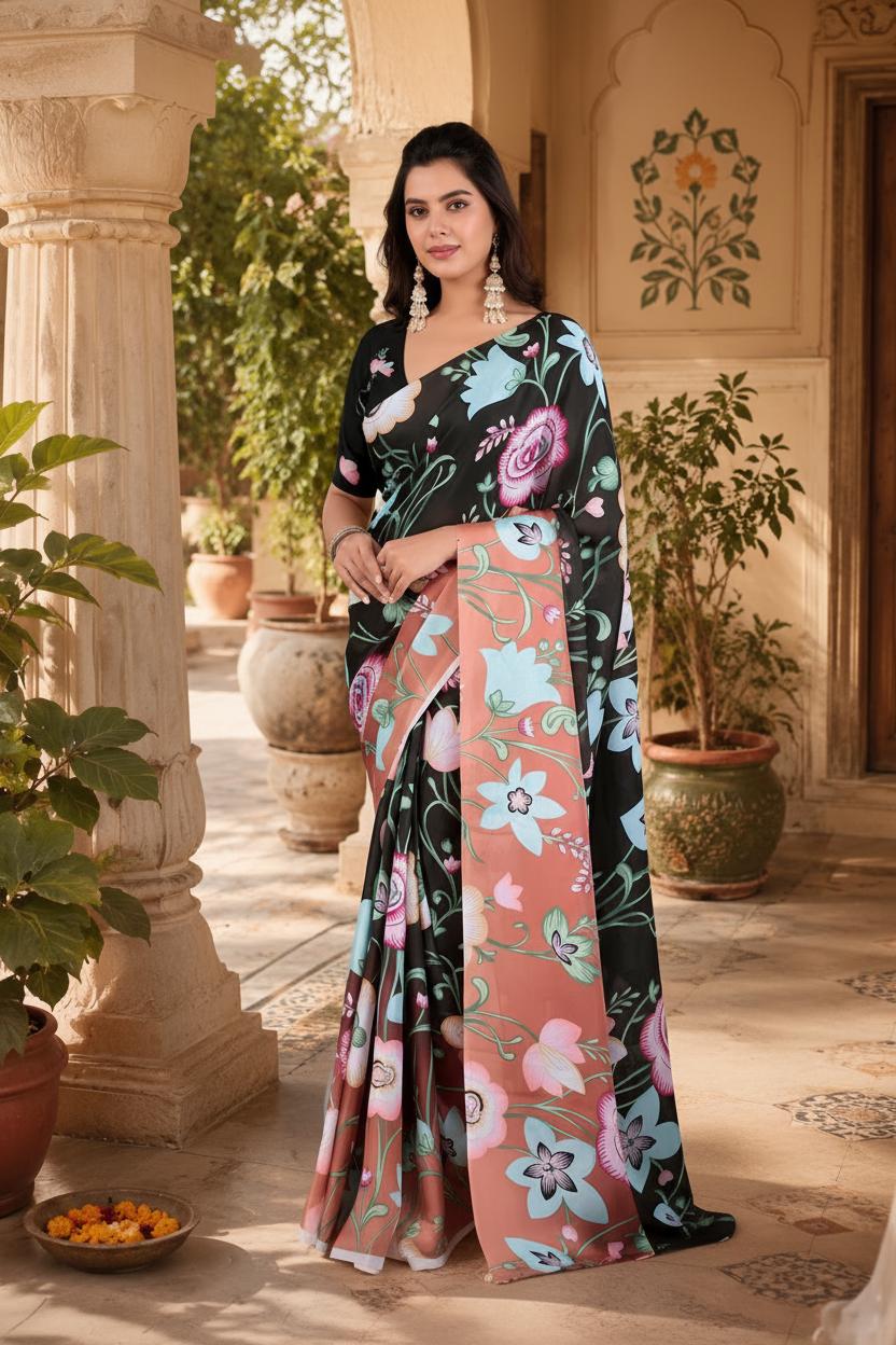 Georgette Satin Floral Print Saree With Unstitched Blouse(peach) image 3