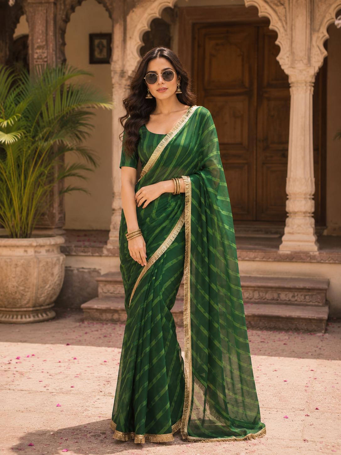 Georgette Traditional Zari Gold Lace Border Saree With Unstitched Blouse(green) image 3