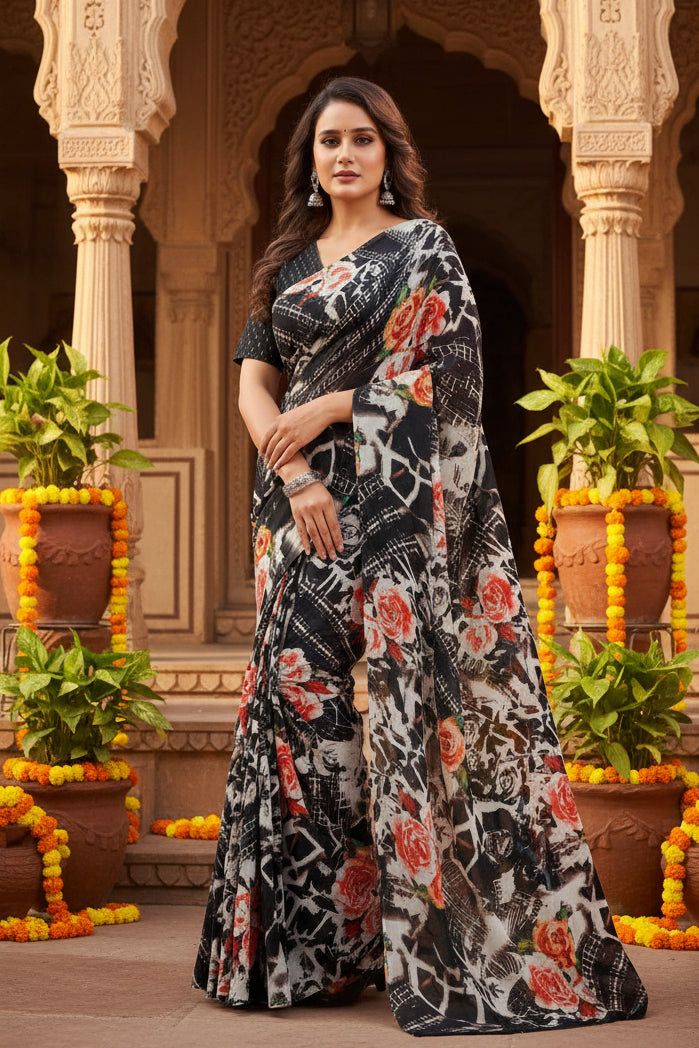 Crepe Silk Digital Print Saree With Unstitched Blouse(black) image 3