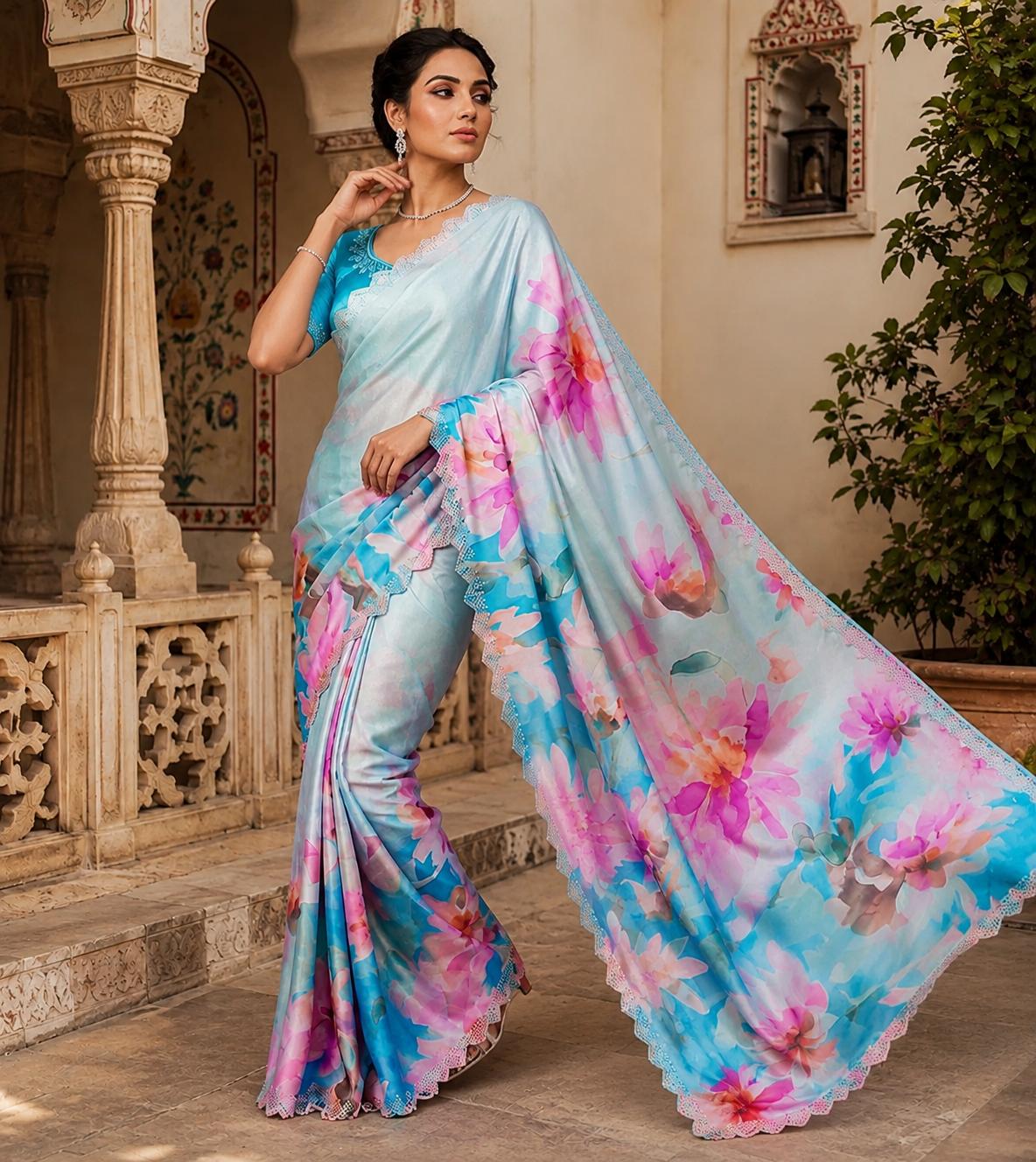 Pure Maheshwari Silk Diamond Cut Work With Unstitched Blouse(sky) image 3