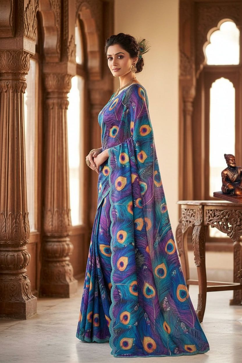 Georgette Digital Print Saree With Unstitched Blouse(blue) image 3