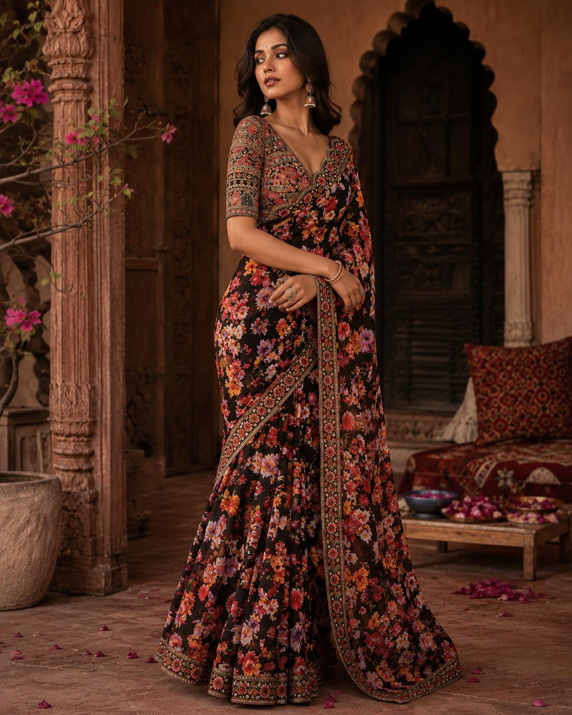 Georgette Digital Print Saree With Unstitched Blouse(black) image 3