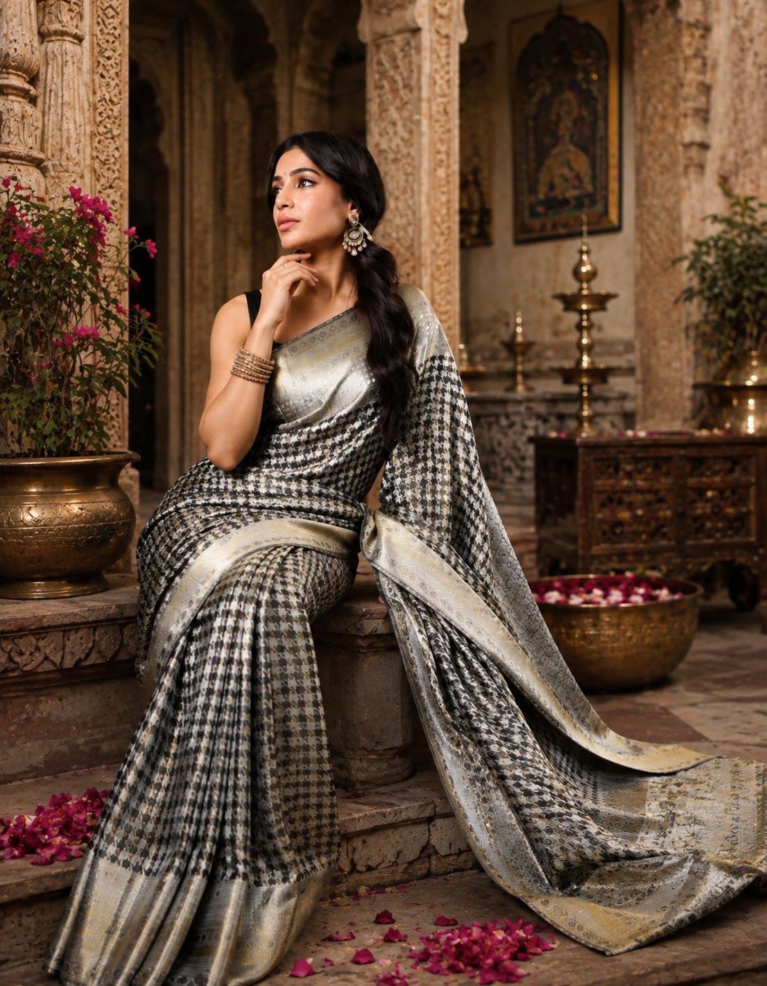 Pure Litchi Silk Saree With Unstitched Blouse(grey) image 3