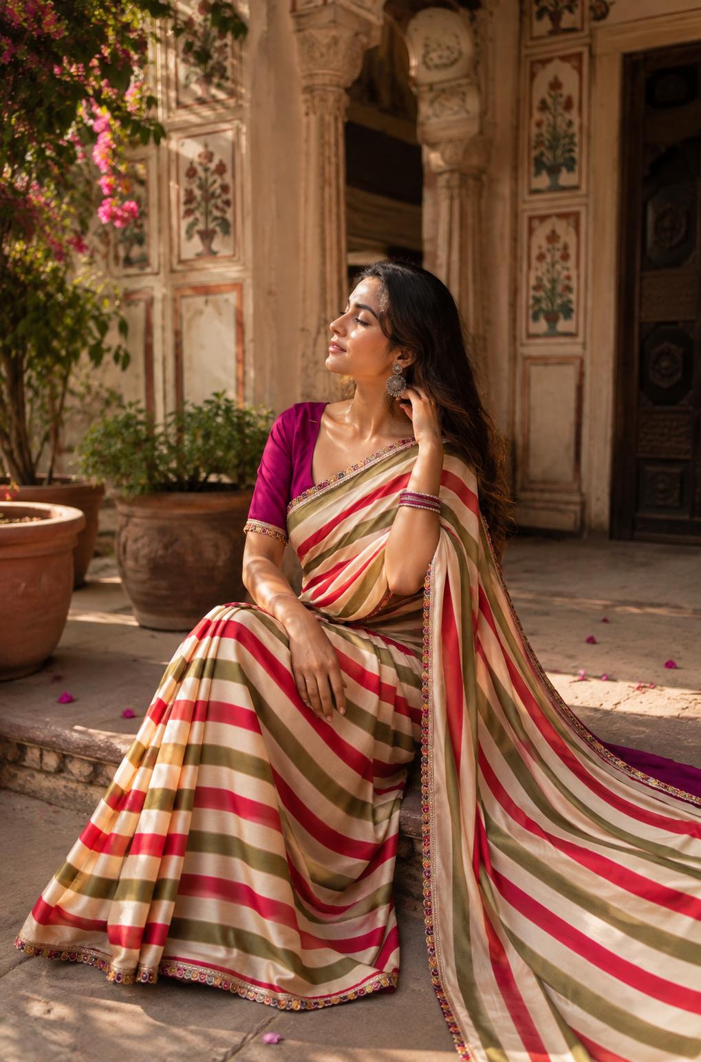 Soft Chinon Lehriye Silk Saree With Unstitched Blouse(green) image 3