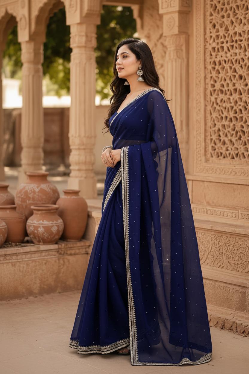 Organza Silk Sequins Work Saree With Unstitched Blouse(blue) image 3