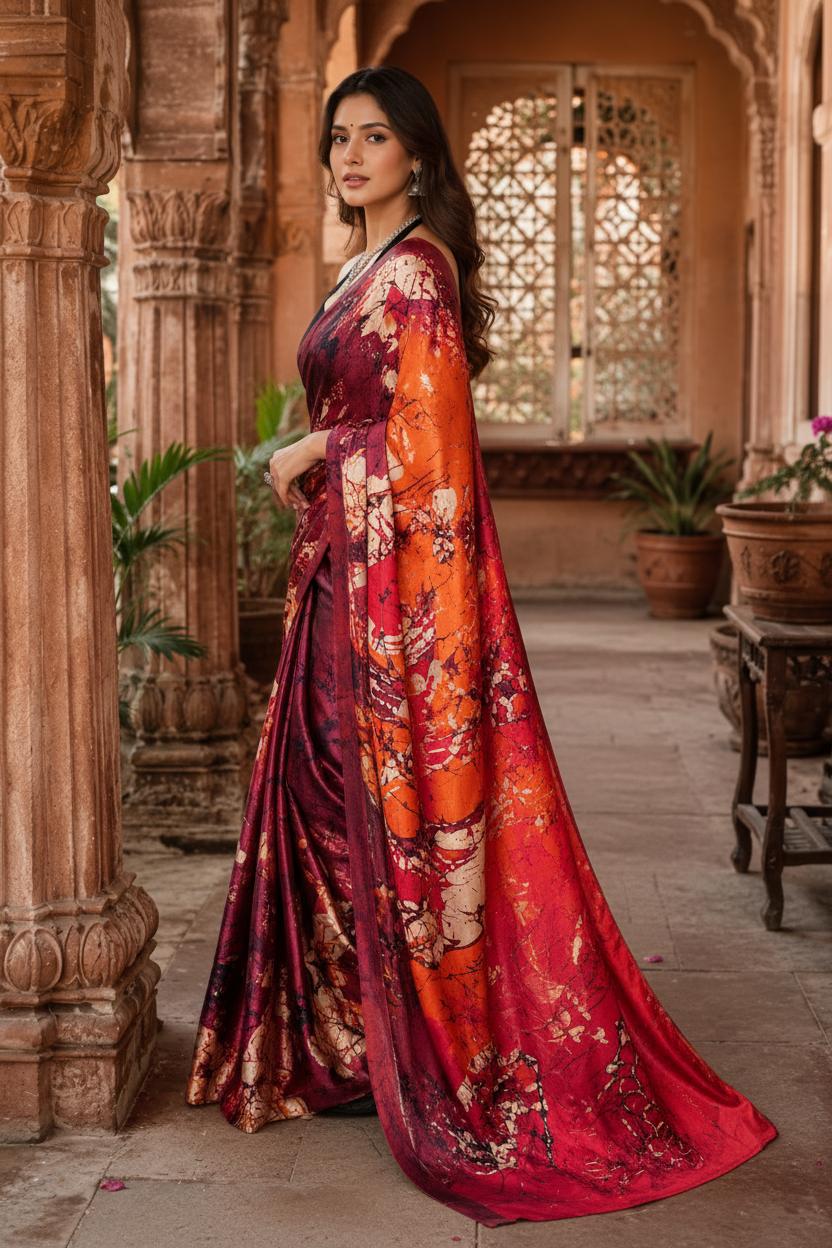 Premium Satin Silk Printed Saree With Unstitched Blouse(maroon) image 3