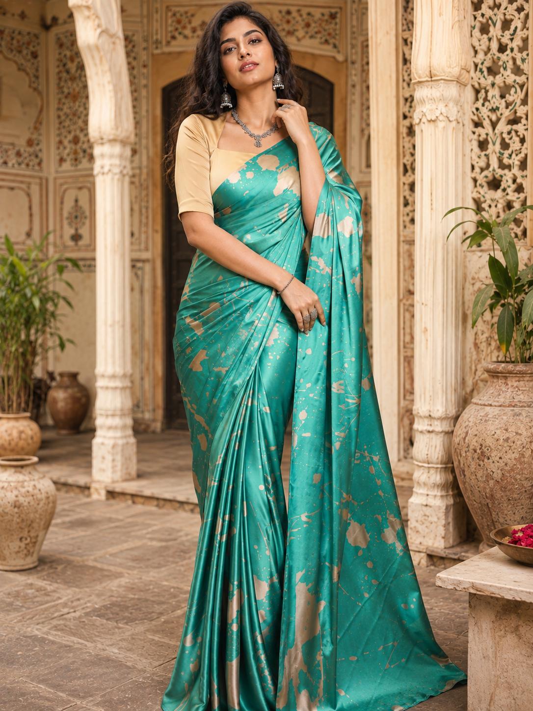 Premium Satin Silk Printed Saree With Unstitched Blouse(blue) image 3