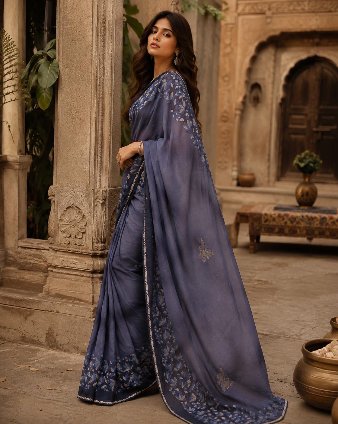 Premium Georgette Floral Print Saree With Unstitched Blouse(navy Blue) image 3