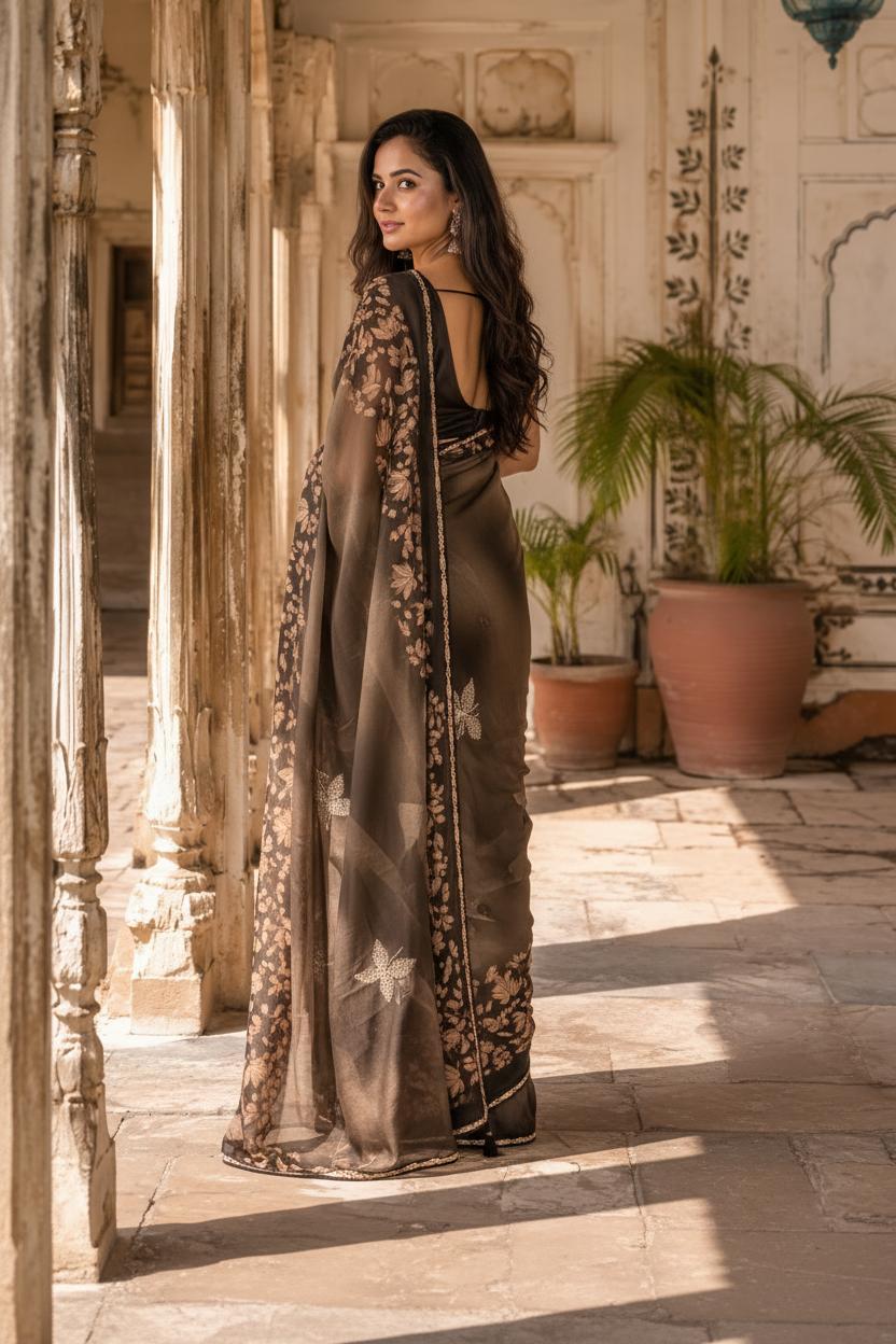 Premium Georgette Floral Print Saree With Unstitched Blouse(brown) image 3