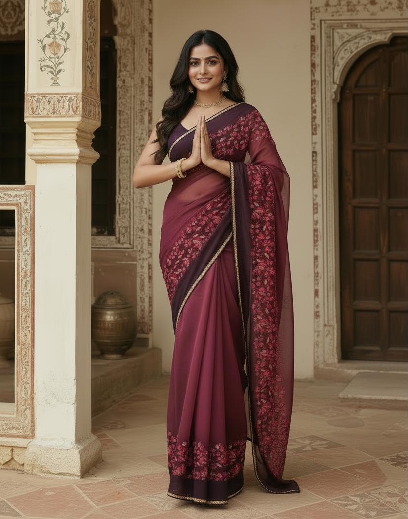 Georgette Floral Printed Saree With Unstitched Blouse(rani) image 3