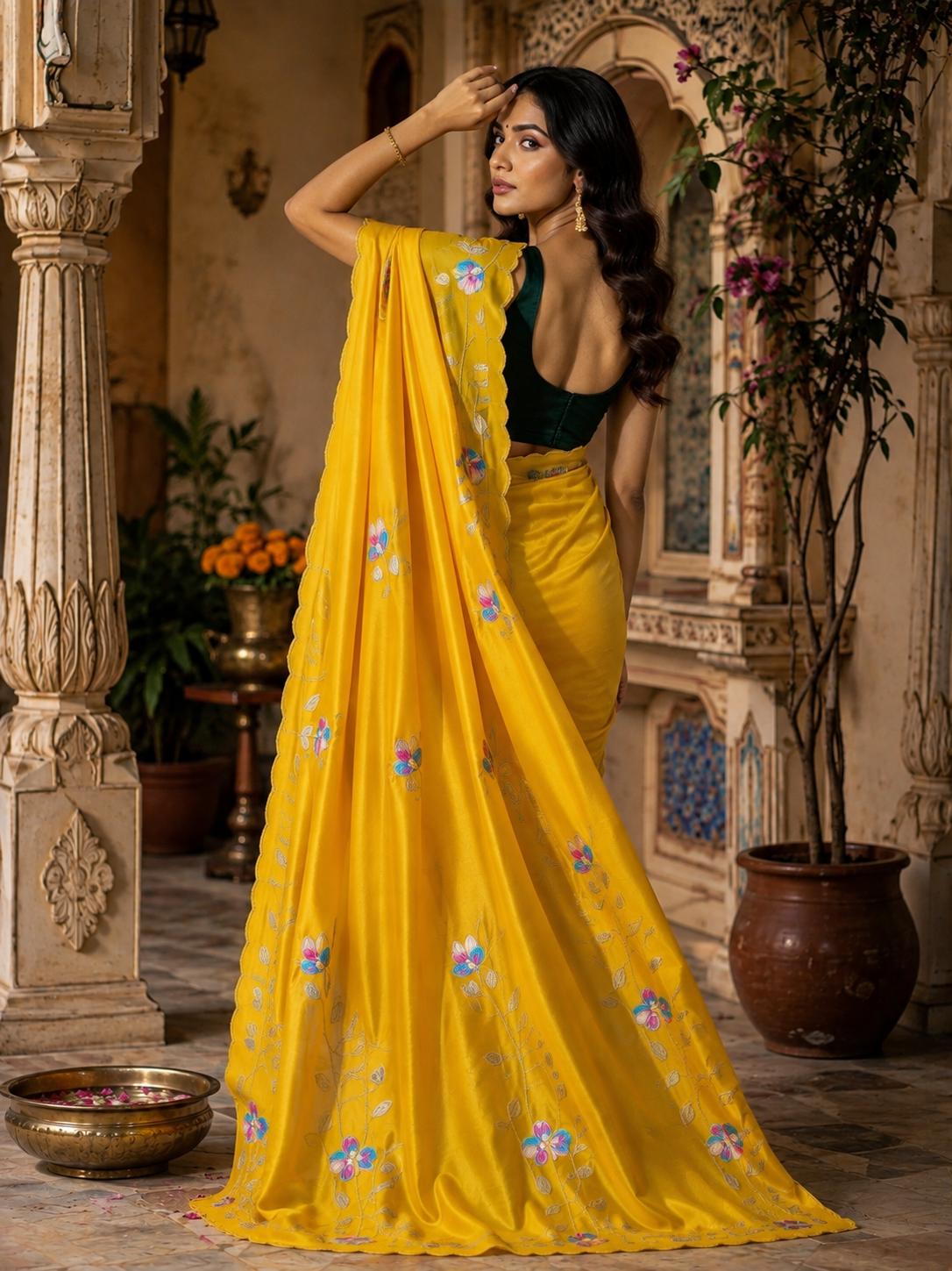 Premium Georgette Floral Print Saree With Unstitched Blouse(yellow) image 3