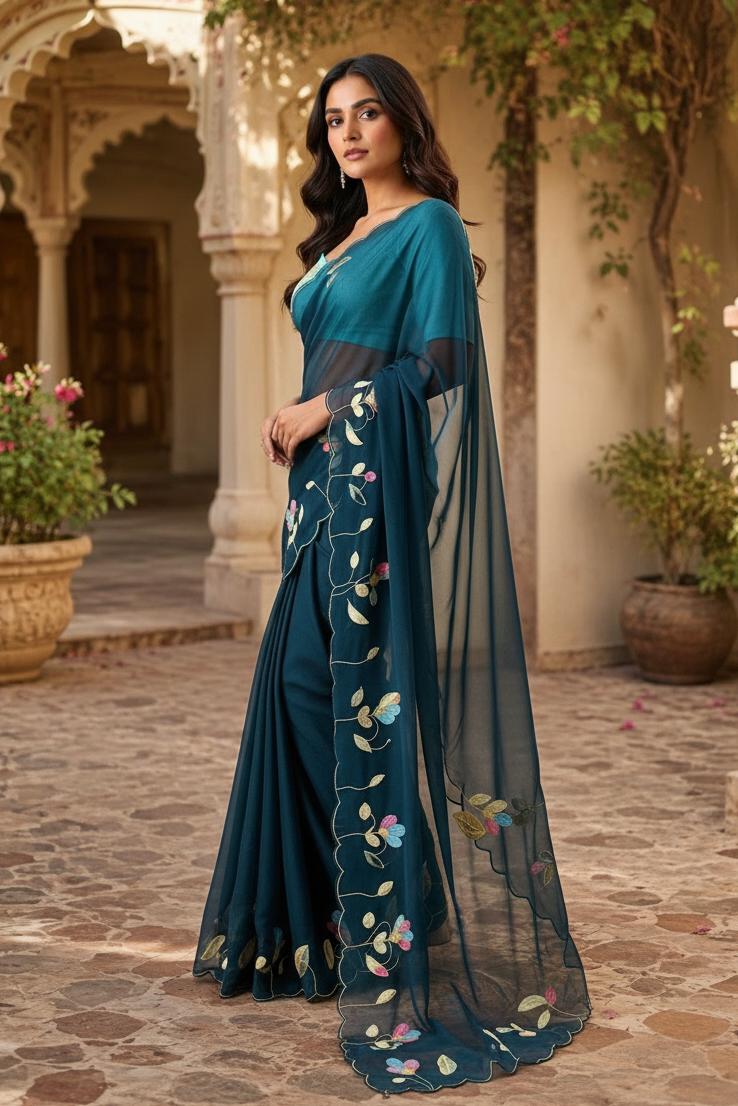 Premium Georgette Floral Print Saree With Unstitched Blouse(blue) image 3