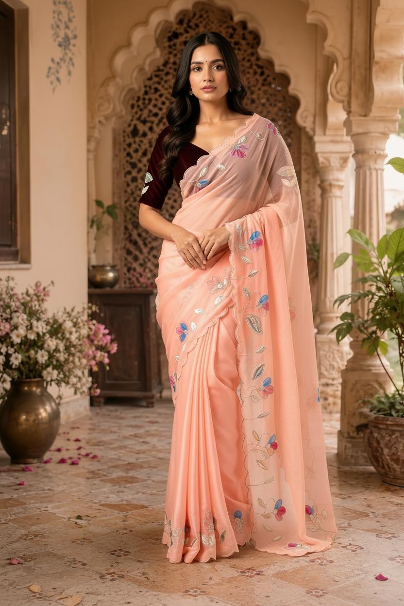Premium Georgette Floral Print Saree With Unstitched Blouse(peach) image 3