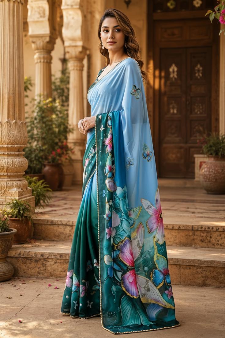 Georgette Printed Saree With Unstitched Blouse(green) image 3