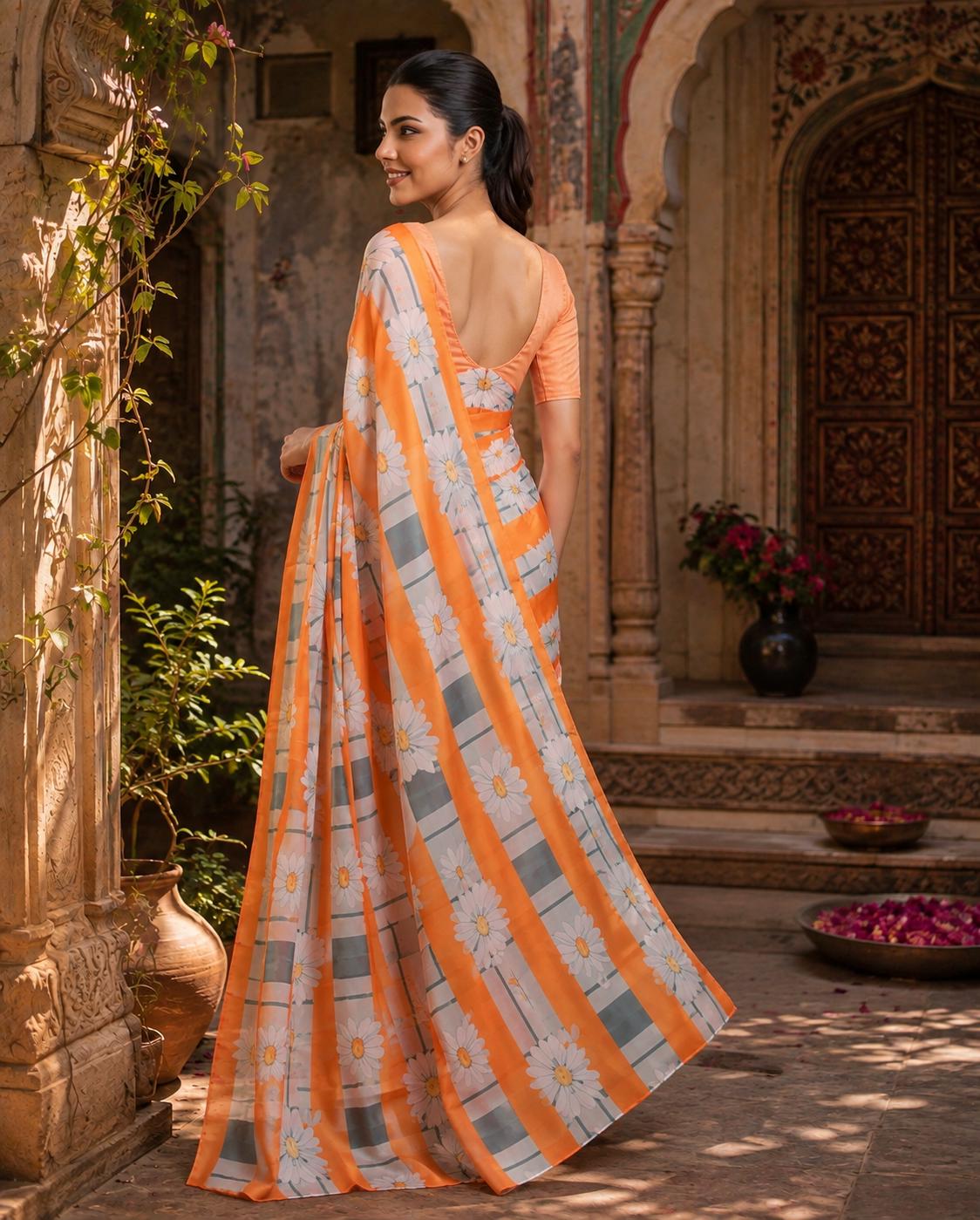 Satin Silk Floral Printed Saree With Unstitched Blouse (ORANGE) image 3