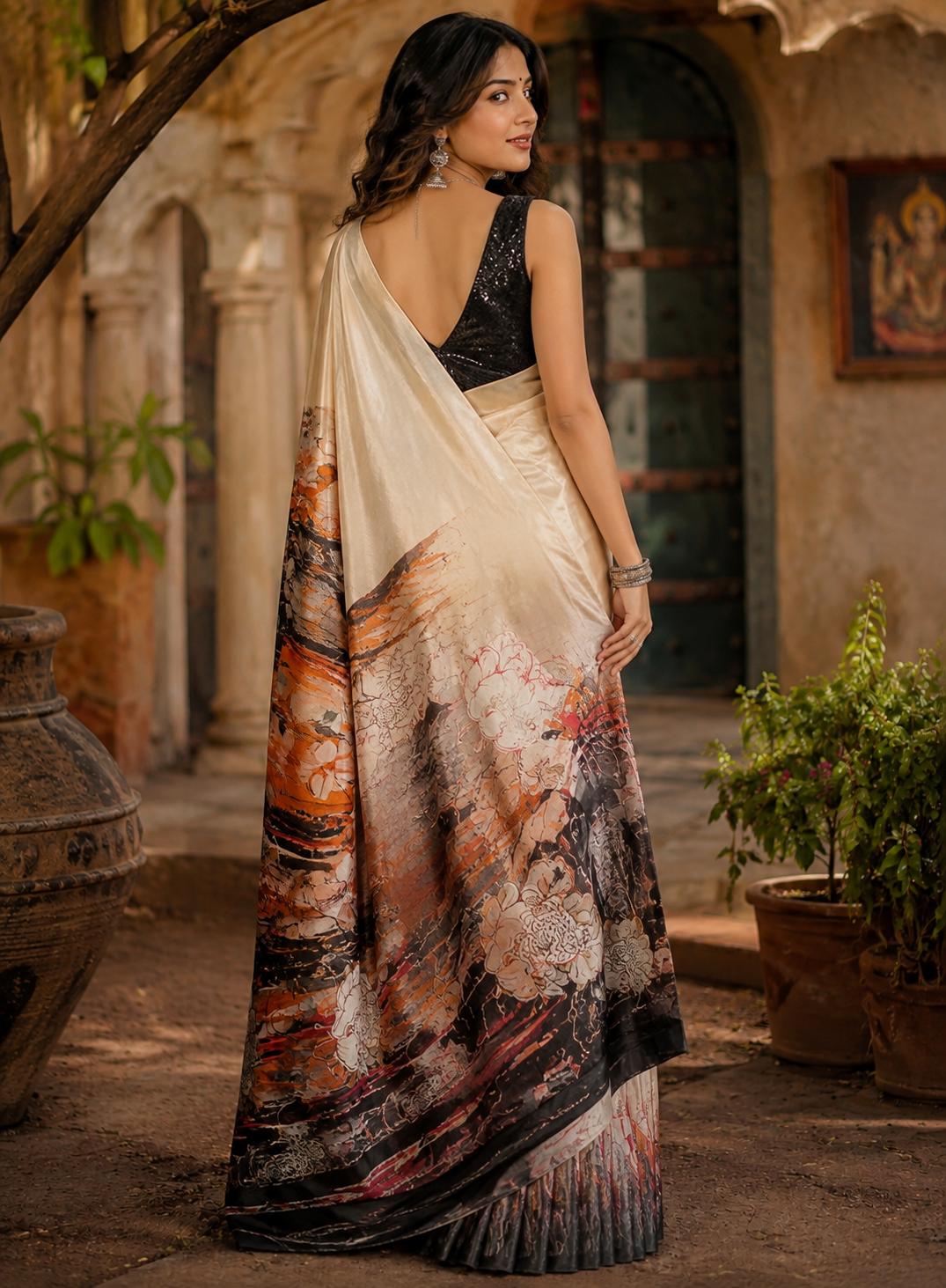 Crepe Silk Printed Saree With Unstitched Blouse(cream) image 3