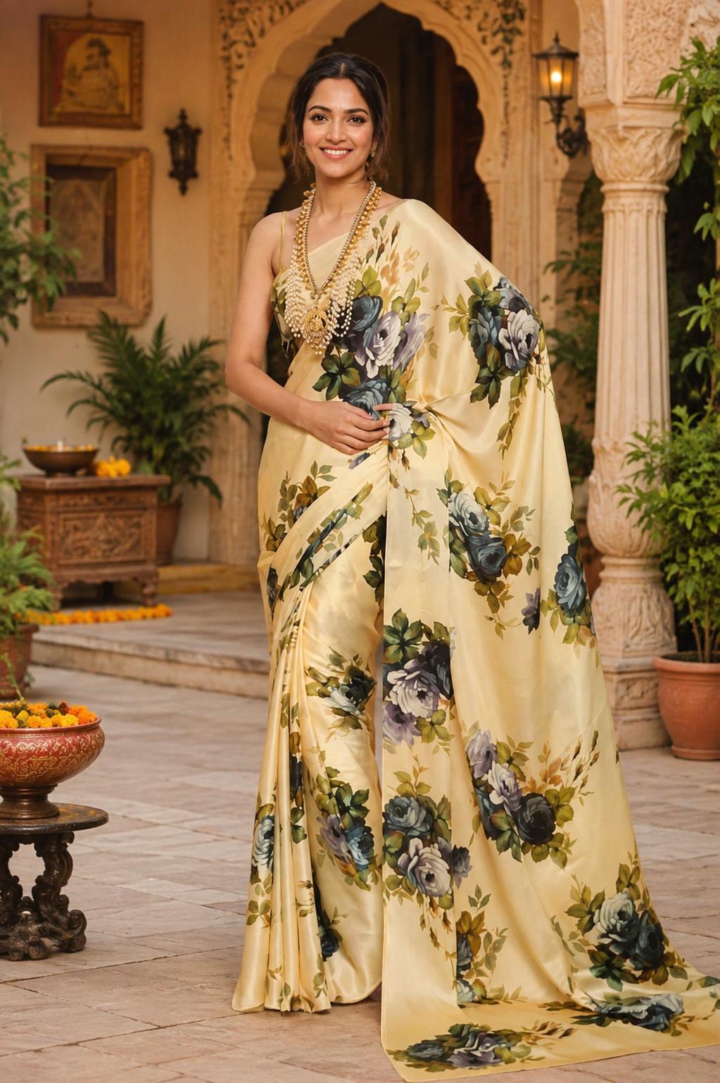 Satin Silk Printed Saree With Unstitched Blouse(yellow) image 3