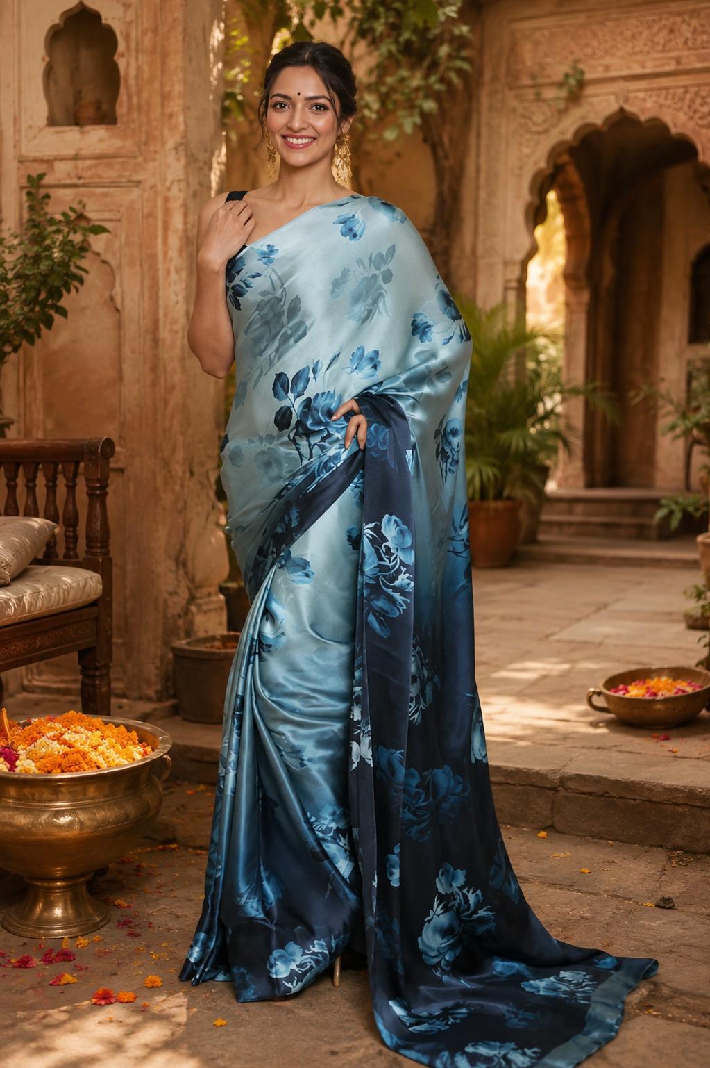Satin Silk Printed Saree With Unstitched Blouse(blue) image 3