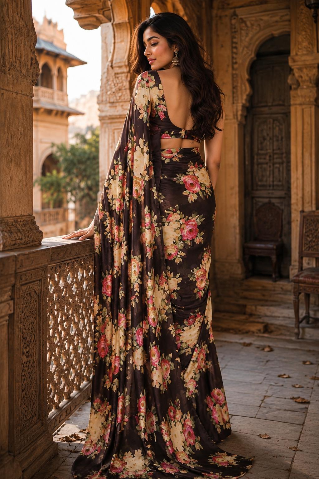 Satin Silk Printed Saree With Unstitched Blouse(black) image 3