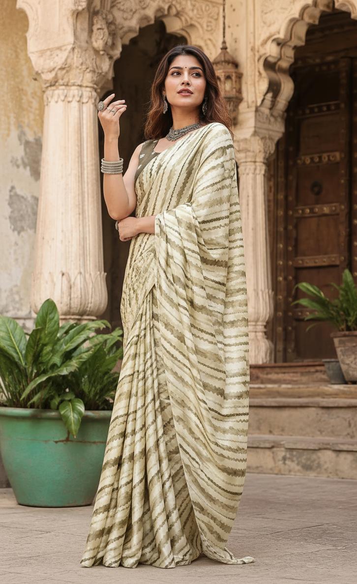 Modern Satin Silk Printed Saree With Unstitched Blouse(green) image 3