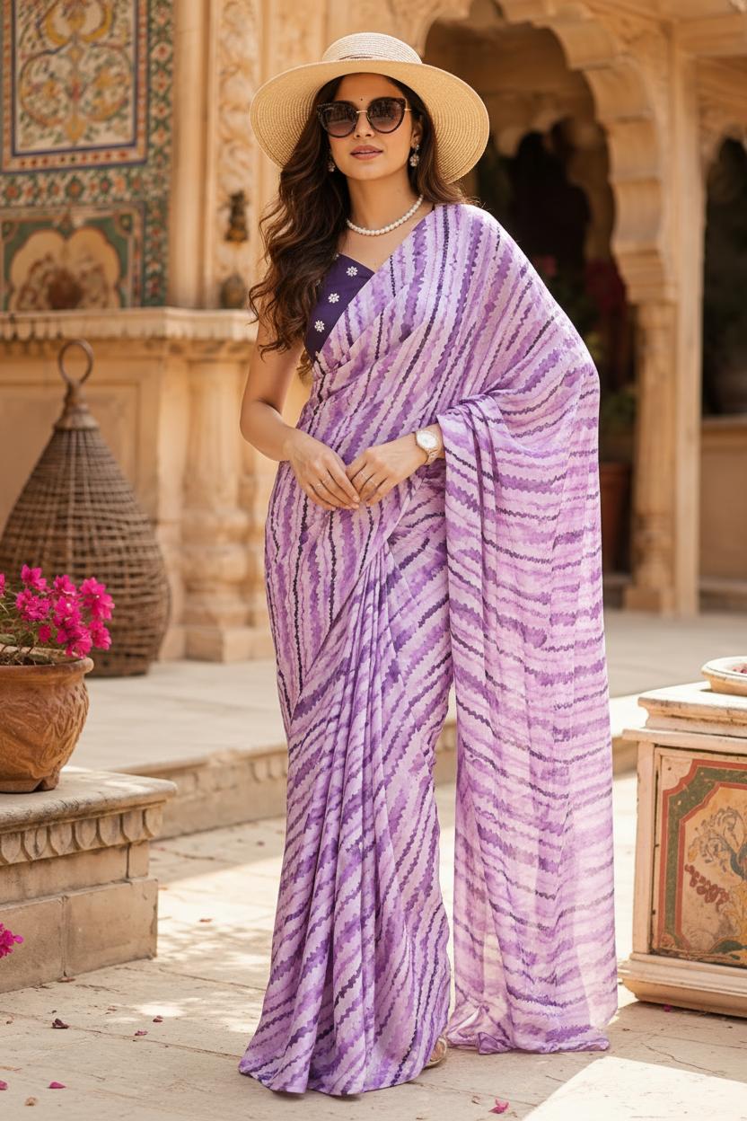 Modern Satin Silk Printed Saree With Unstitched Blouse(lavender) image 3