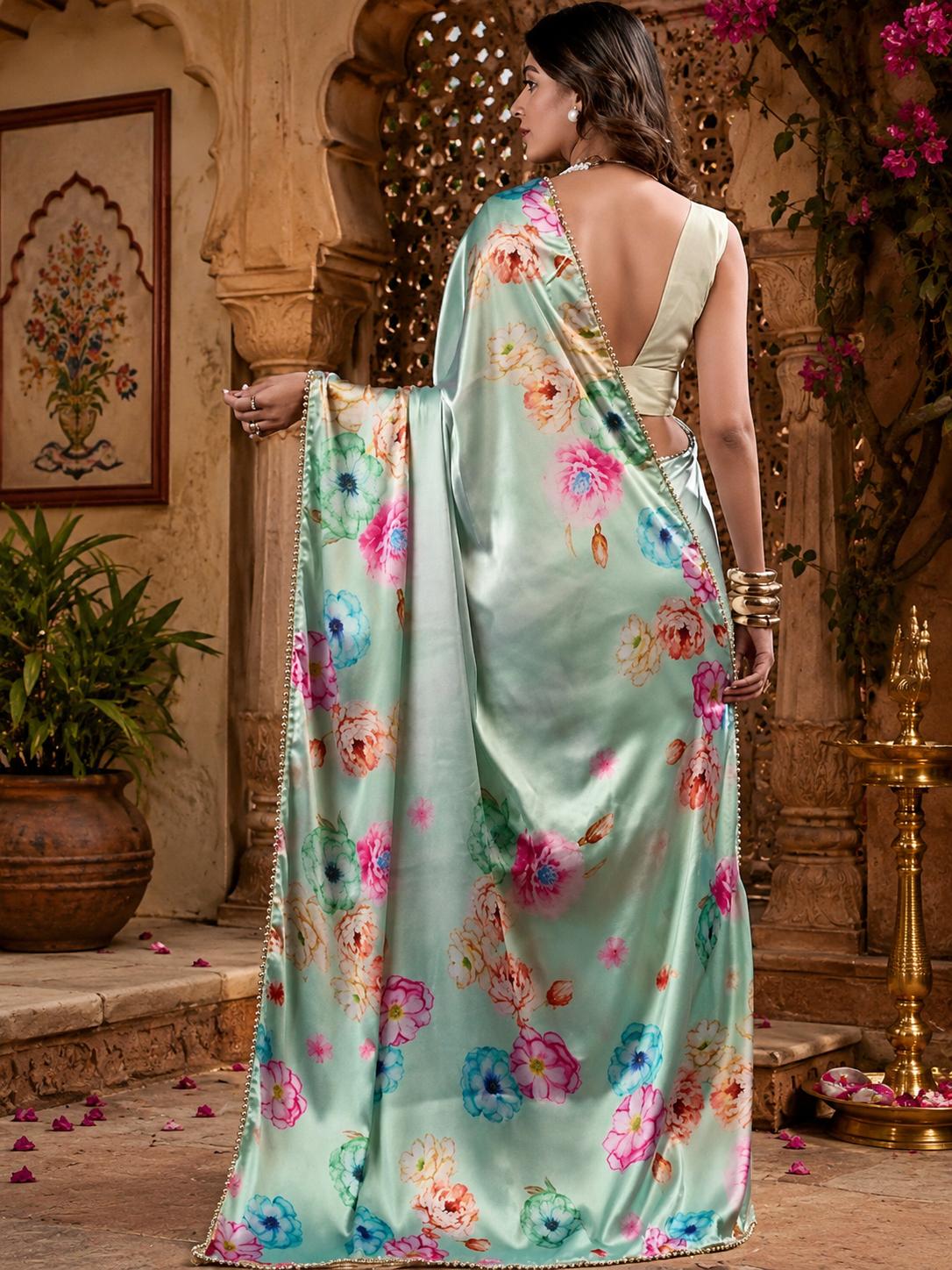 Satin Silk Party Wear Saree With Unstitched Blouse(green) image 3