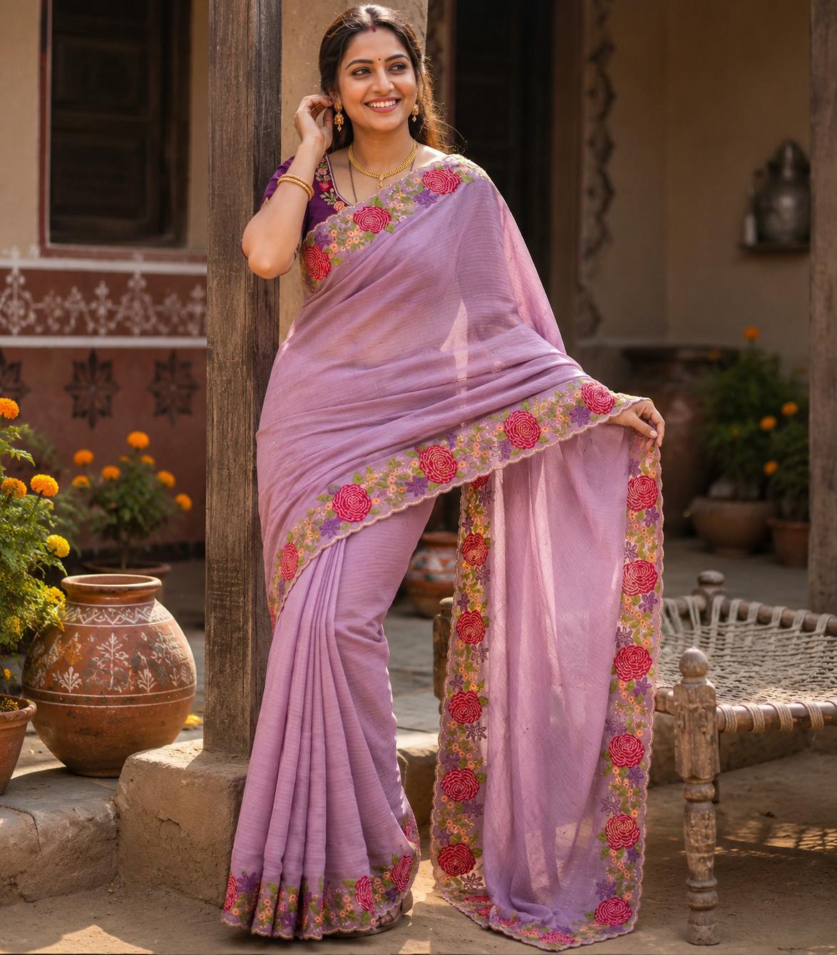 Star Georgette Heavy Work Saree With Unstitched Blouse(lavender) image 3