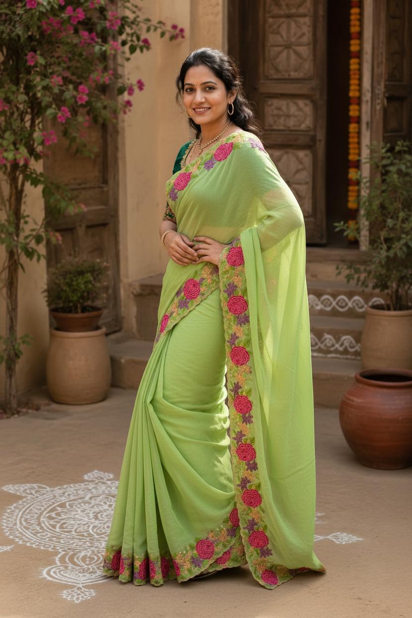Star Georgette Heavy Work Saree With Unstitched Blouse(green) image 3