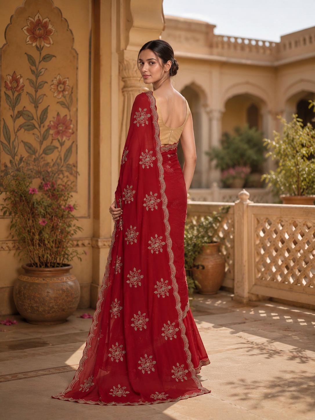 Soft Rangoli Silk Embroidery Work Saree With Unstitched Blouse(red) image 3