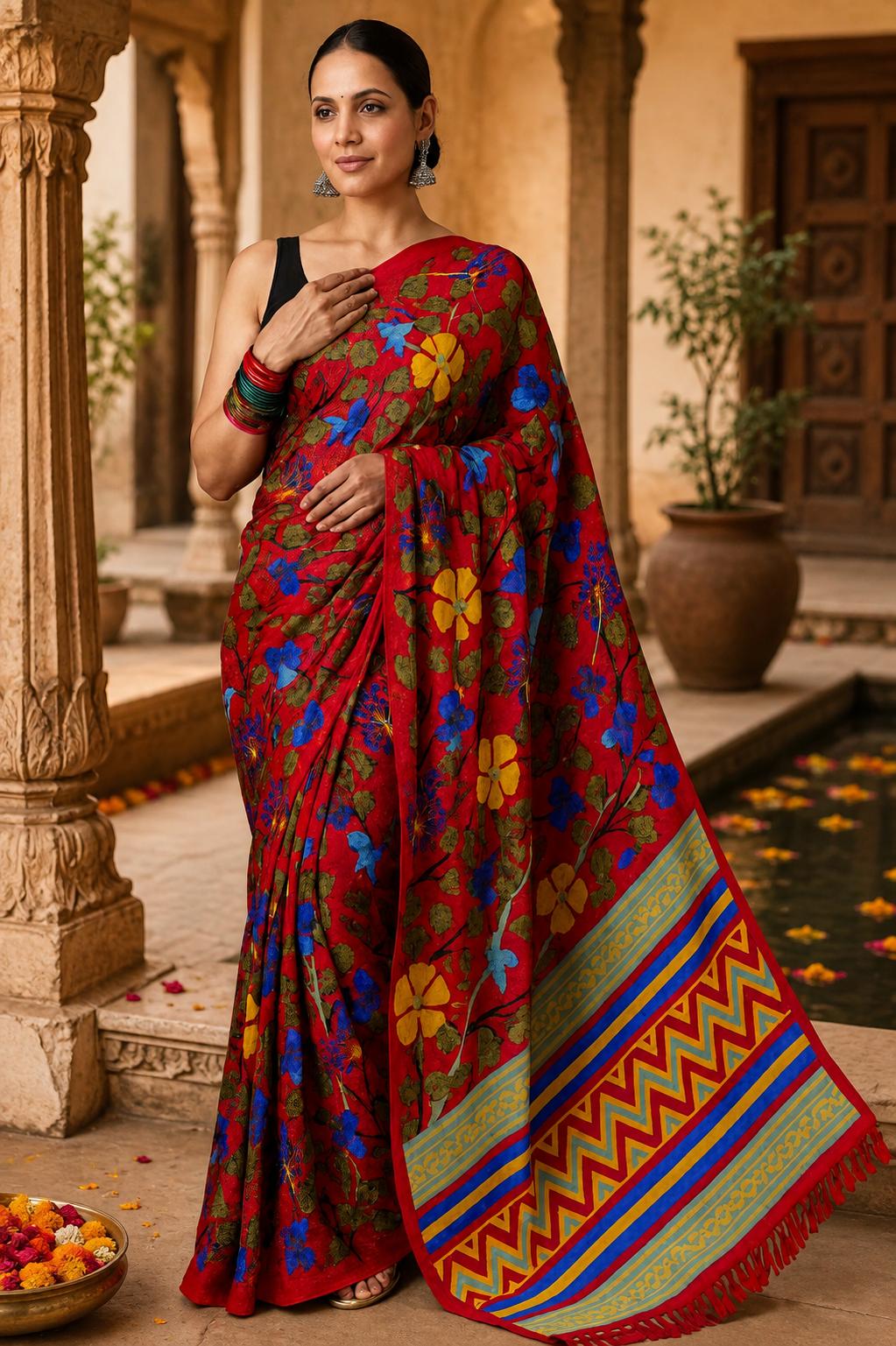 Georgette Printed Saree With Unstitched Blouse(red) image 3