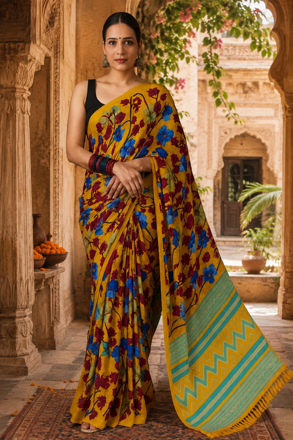 Georgette Printed Saree With Unstitched Blouse(mustard) image 3