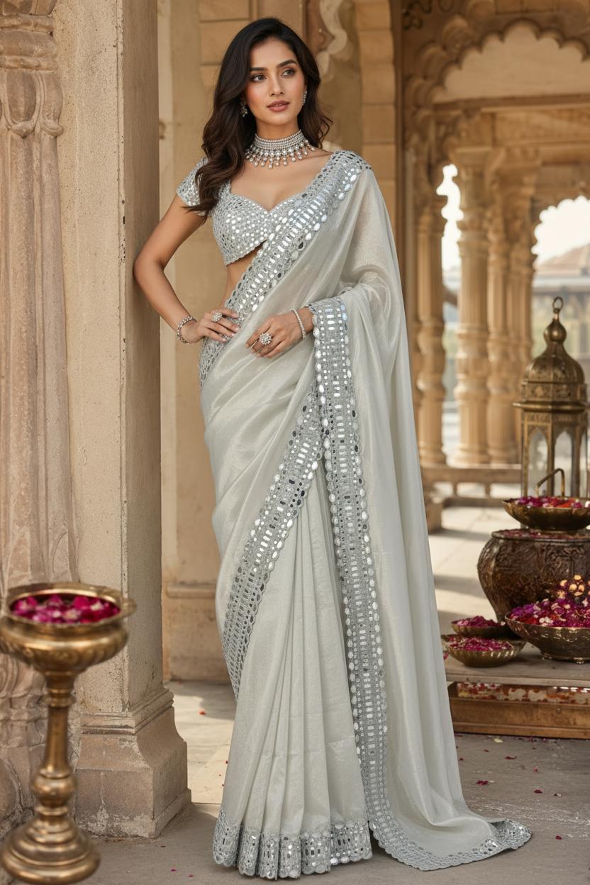 Satin Silk Embroidery Mirror Work Saree With Unstitched Blouse(grey) image 3