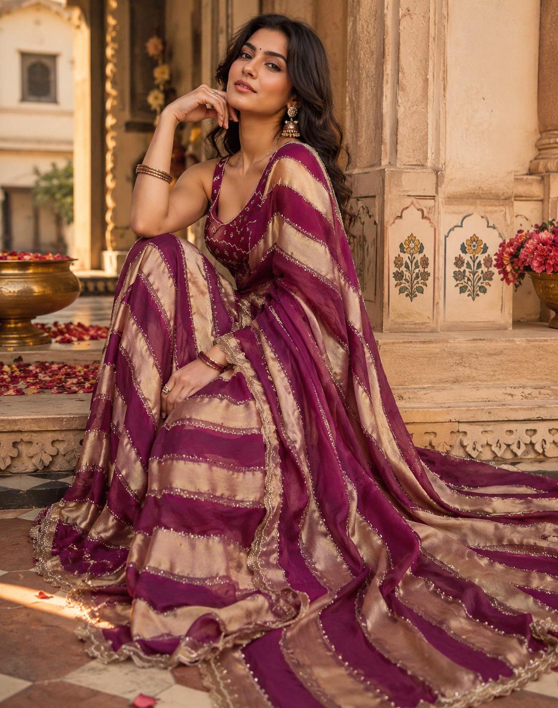 Sattin Dual Shed With Heavy Val Siroski Diamond Work Saree With Unstitched Blouse (WINE) image 3