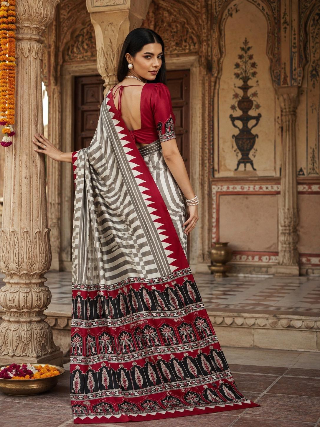 Satin Silk Ajrakh Print Saree With Unstitched Blouse(red) image 3