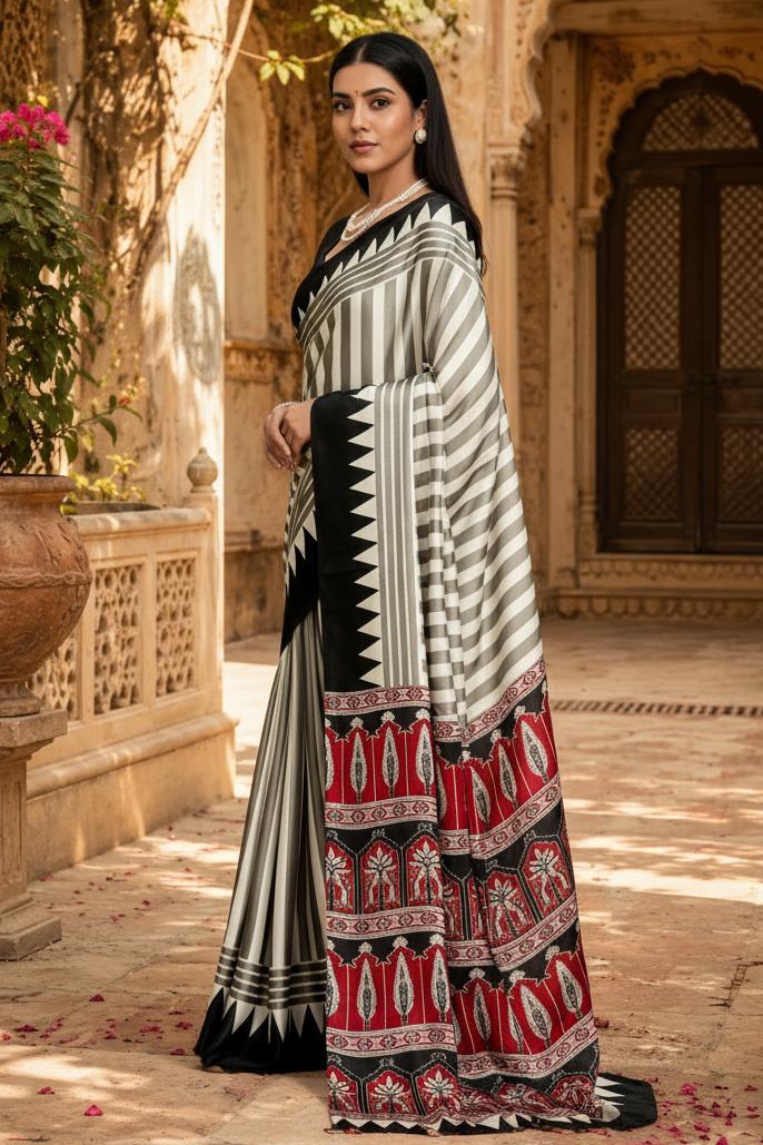Satin Silk Ajrakh Print Saree With Unstitched Blouse(black) image 3