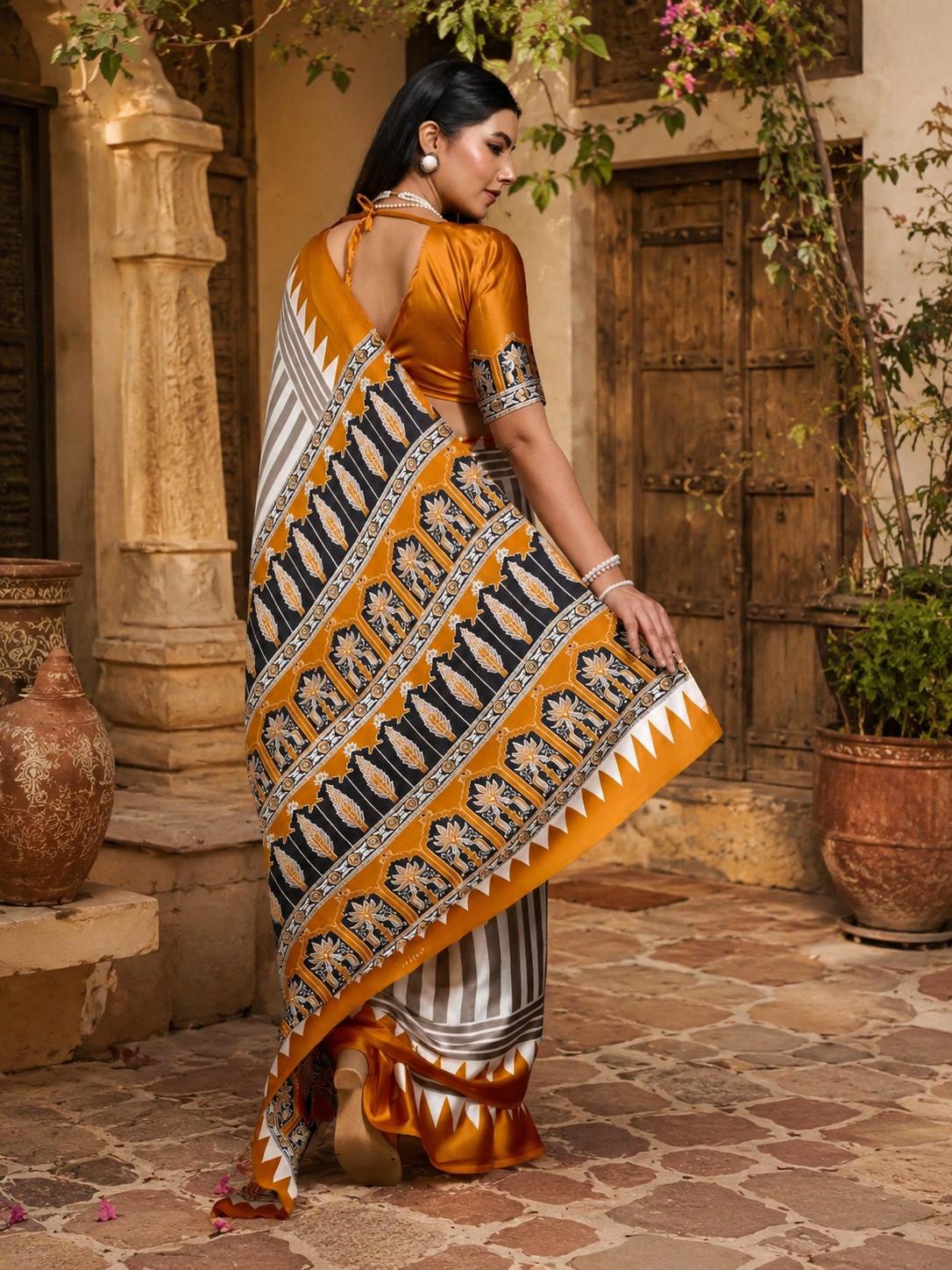 Satin Silk Ajrakh Print Saree With Unstitched Blouse(yellow) image 3