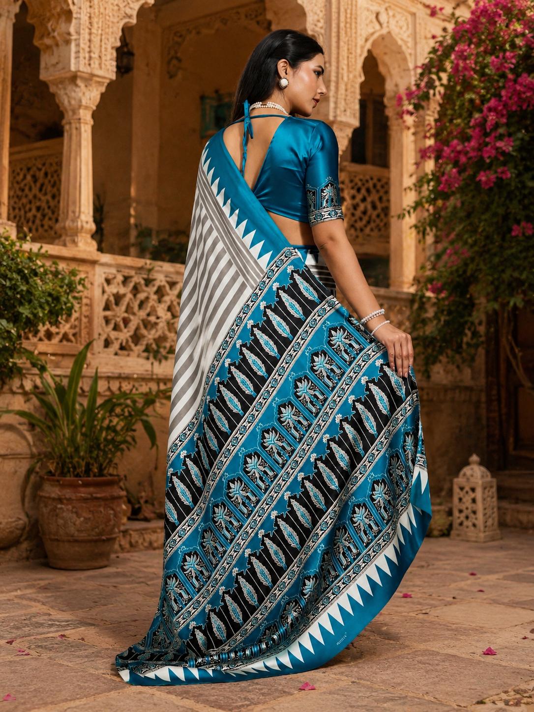 Satin Silk Ajrakh Print Saree With Unstitched Blouse(blue) image 3