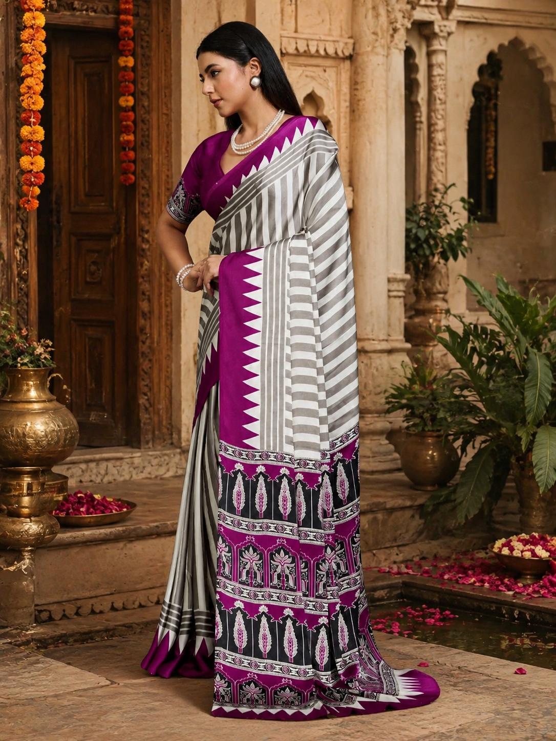 Satin Silk Ajrakh Print Saree With Unstitched Blouse(wine) image 3