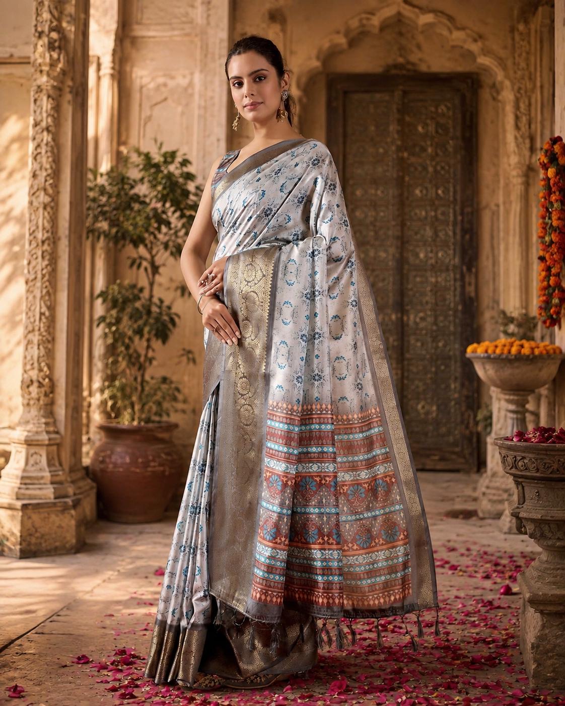 Soft Litchi Silk Party Wear Saree With Unstitched Blouse(grey) image 3