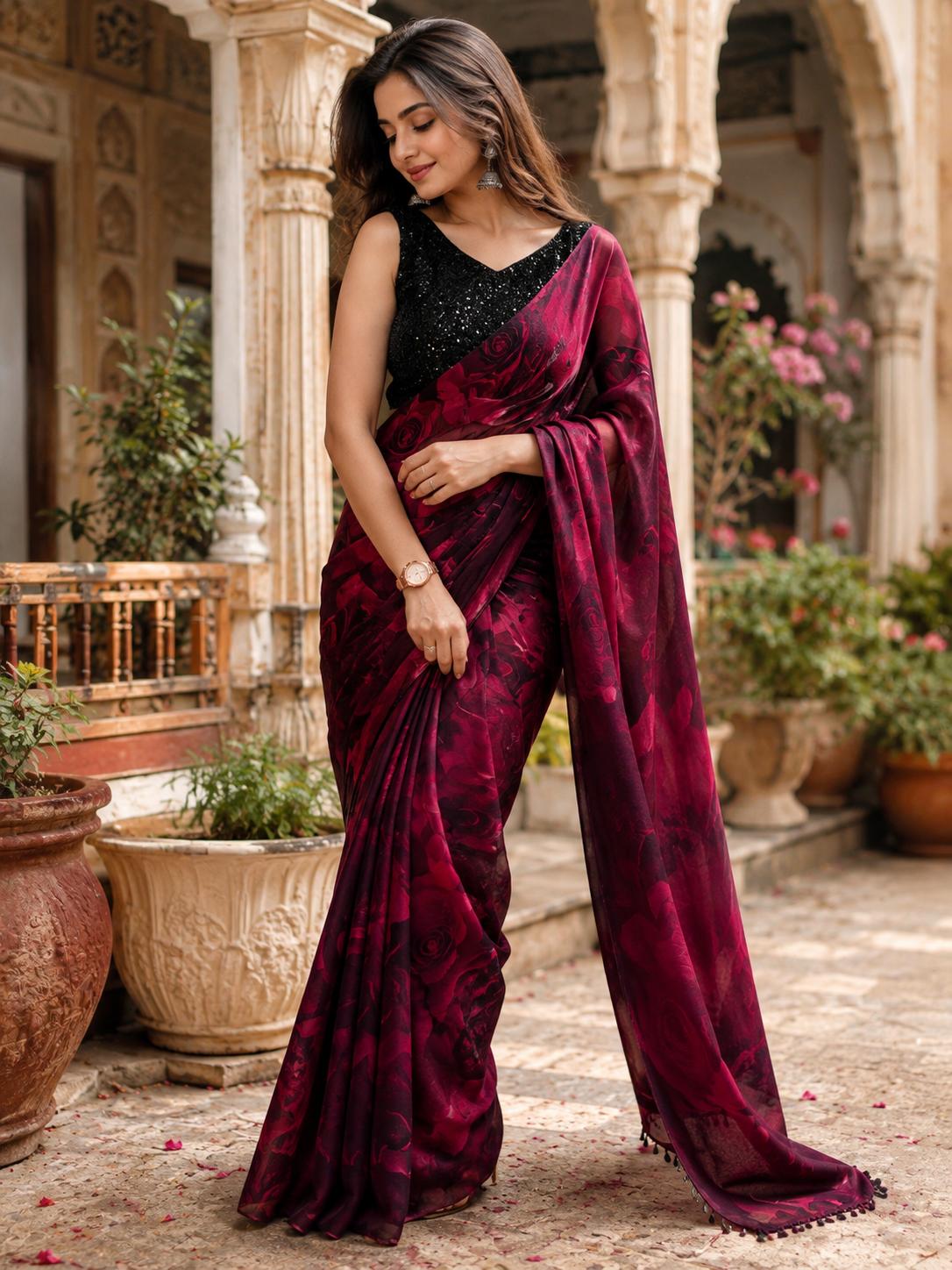 Satin Silk Party Wear Saree With Unstitched Blouse(red) image 3