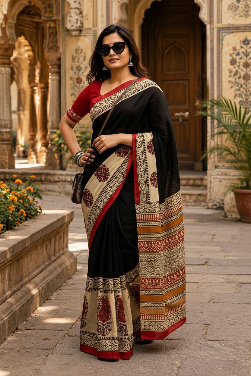 Mulmul Cotton Printed Saree With Unstitched Blouse(black) image 3