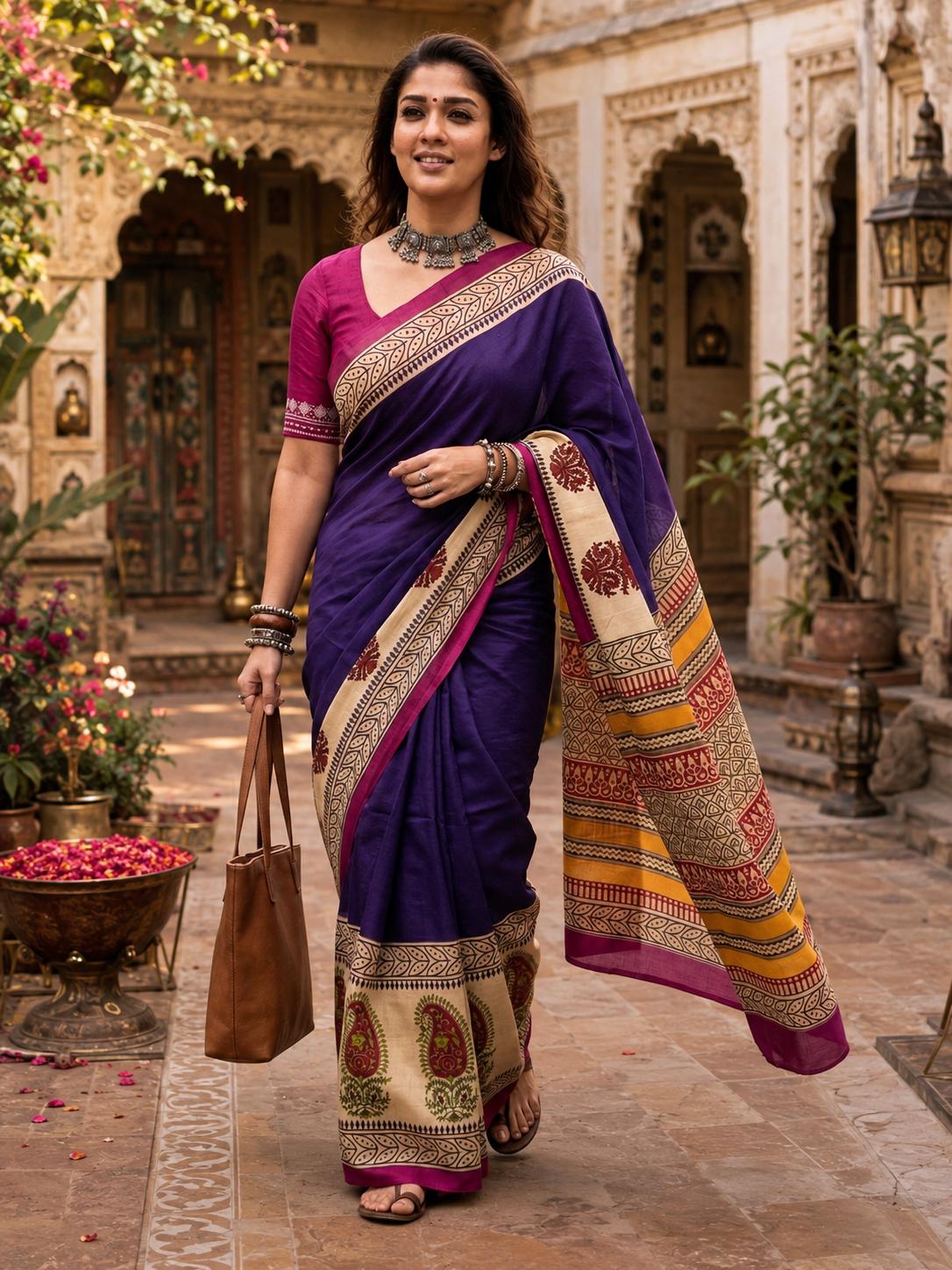 Mulmul Cotton Printed Saree With Unstitched Blouse(purple) image 3