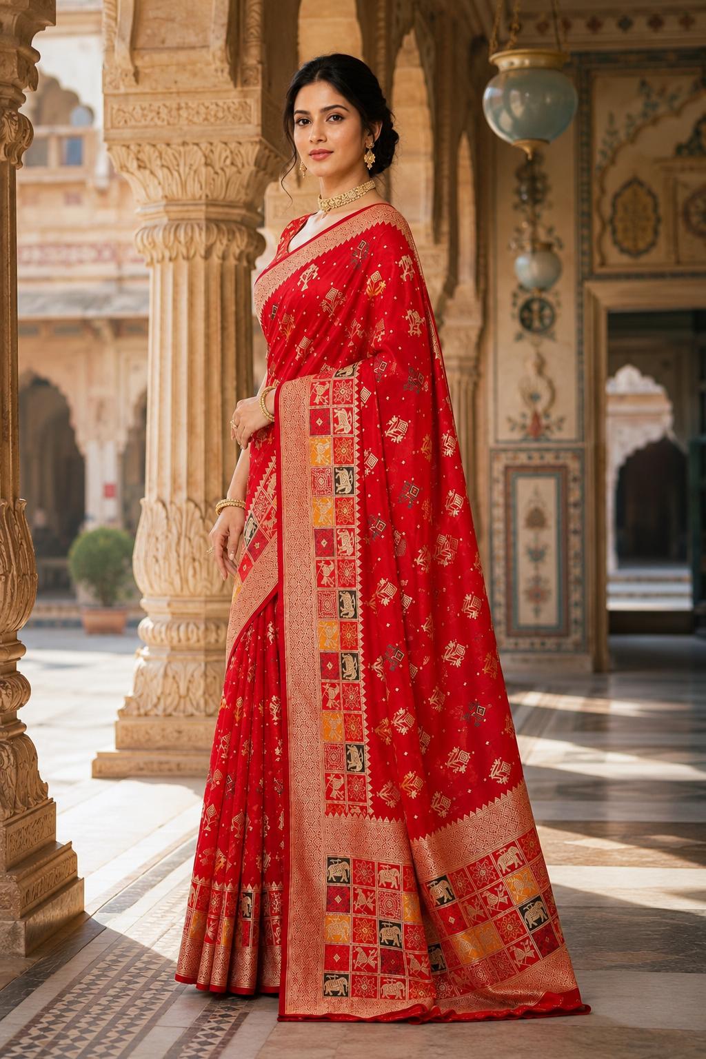Dola Silk Soft Rajwadi Kashmiri Thread Zari Weaving Border With Unstitched Butti Blouse (RED) image 3