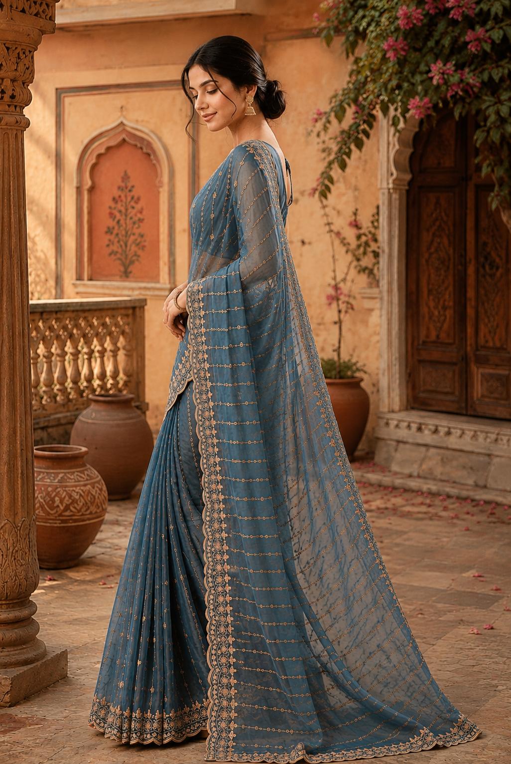Moss Gold Shine Multi Sequence Emrodairy Work Saree With Unstitched Blouse (BLUE) image 3