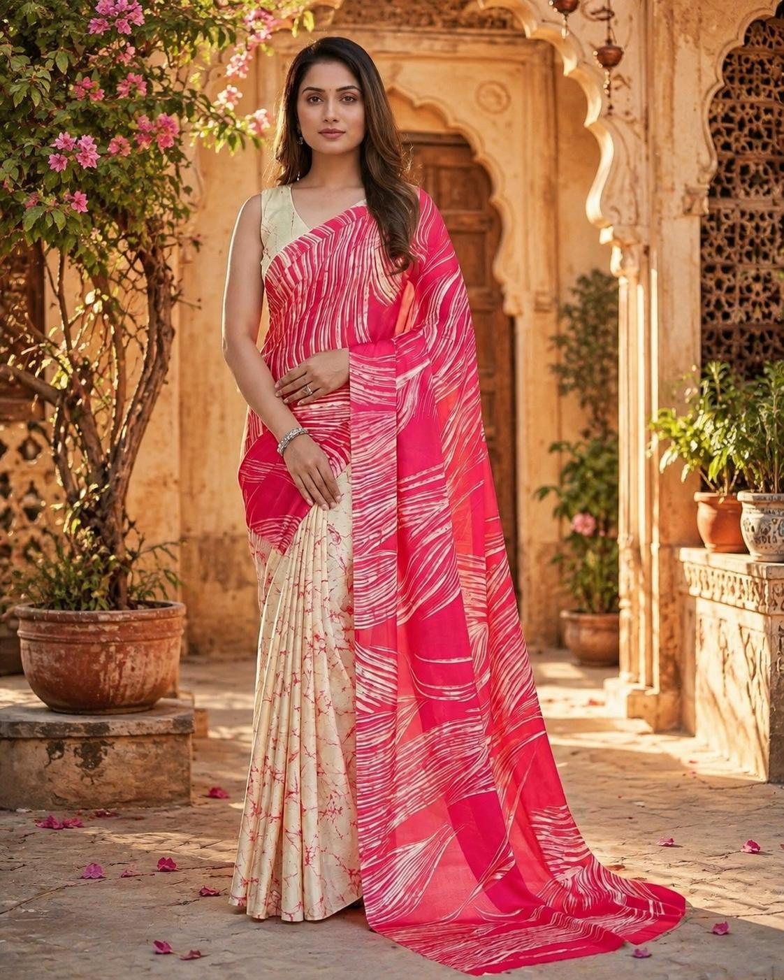 Satin Silk Printed Saree With Unstitched Blouse(rani) image 3